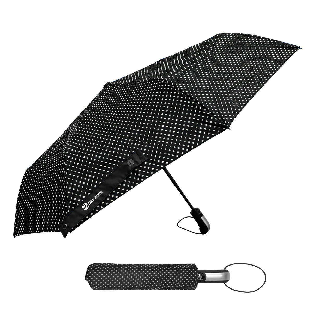 Dry Zone Windproof Three-Fold Small Umbrella - Heavy Duty Strong Umbrella, Fibreglass Frame, Magnetic Strap, Black Handle - Waterproof All Weather Protection
