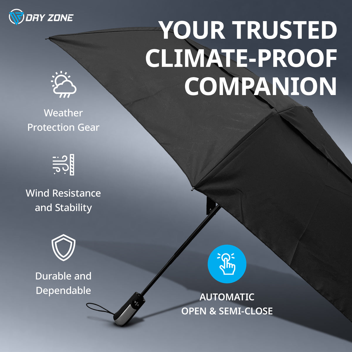 Dry Zone Windproof Three-Fold Small Umbrella - Heavy Duty Strong Umbrella, Fibreglass Frame, Magnetic Strap, Black Handle - Waterproof All Weather Protection