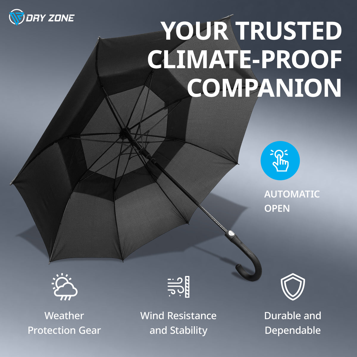 Dry Zone Windproof Golf Umbrella - Heavy Duty Large Umbrella, Fibreglass Frame, Double Vented Canopy, Magnetic Strap, Rubberised Handle - Waterproof All Weather Protection