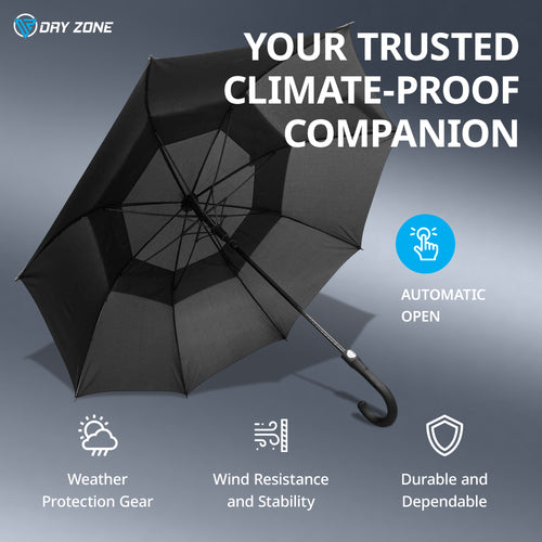Dry Zone Windproof Golf Umbrella - Heavy Duty Large Umbrella, Fibreglass Frame, Double Vented Canopy, Magnetic Strap, Rubberised Handle - Waterproof All Weather Protection