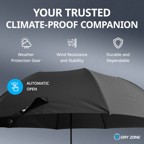 Dry Zone Windproof Two-Fold Small Umbrella - Heavy Duty Strong Umbrella, Fibreglass Frame, 25", Magnetic Strap, Black Handle - Waterproof All Weather Protection