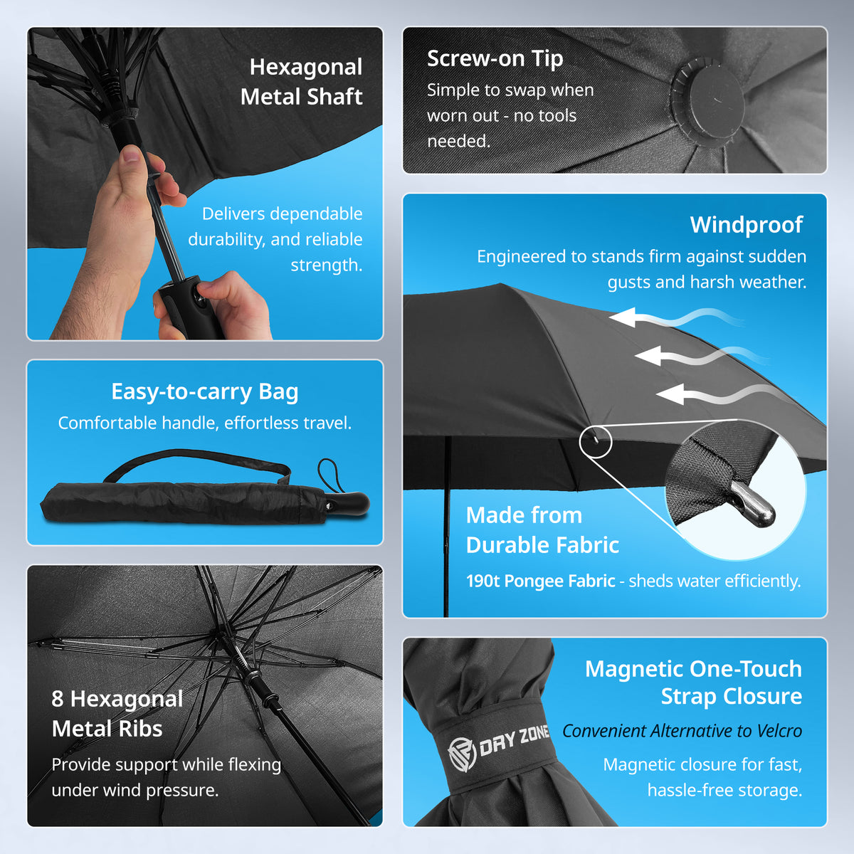 Dry Zone Windproof Two-Fold Small Umbrella - Heavy Duty Strong Umbrella, Fibreglass Frame, 25", Magnetic Strap, Black Handle - Waterproof All Weather Protection
