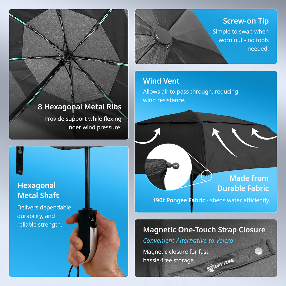 Dry Zone Windproof Three-Fold Small Umbrella - Heavy Duty Strong Umbrella, Fibreglass Frame, Magnetic Strap, Black Handle - Waterproof All Weather Protection