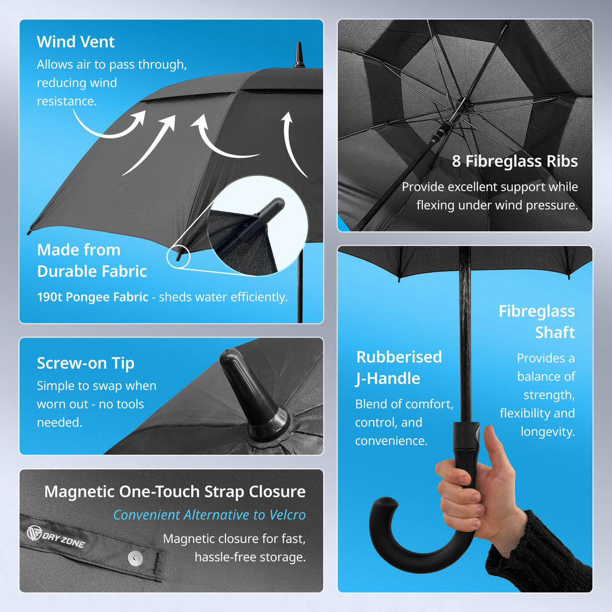 Dry Zone Windproof Golf Umbrella - Heavy Duty Large Umbrella, Fibreglass Frame, Double Vented Canopy, Magnetic Strap, Rubberised Handle - Waterproof All Weather Protection