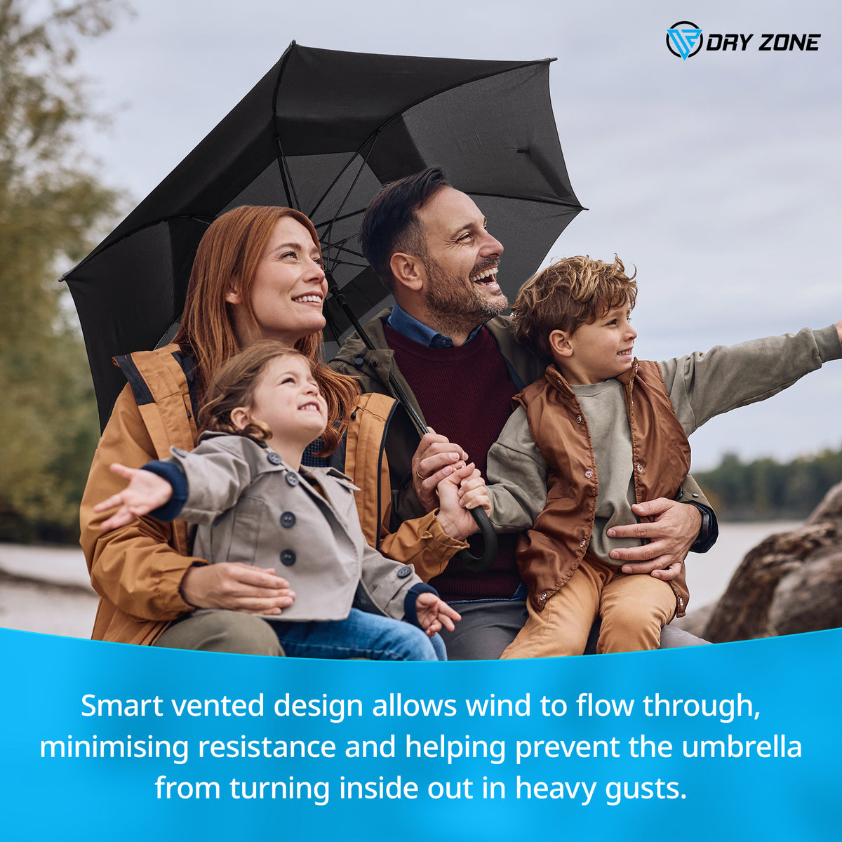 Dry Zone Windproof Golf Umbrella - Heavy Duty Large Umbrella, Fibreglass Frame, Double Vented Canopy, Magnetic Strap, Rubberised Handle - Waterproof All Weather Protection