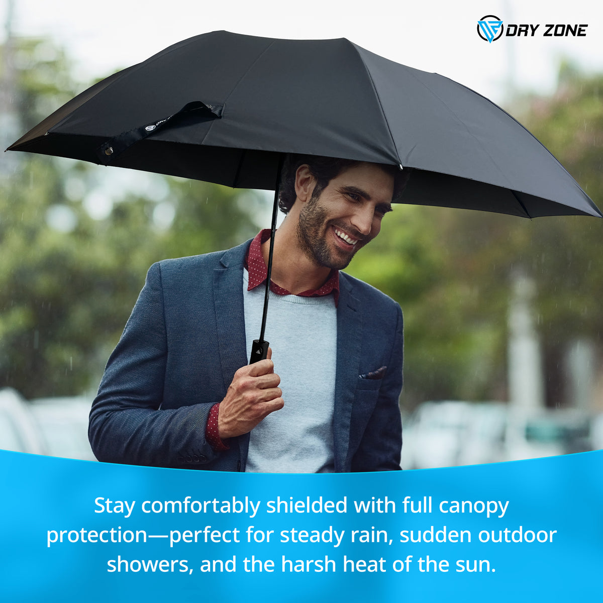 Dry Zone Windproof Two-Fold Small Umbrella - Heavy Duty Strong Umbrella, Fibreglass Frame, 25", Magnetic Strap, Black Handle - Waterproof All Weather Protection