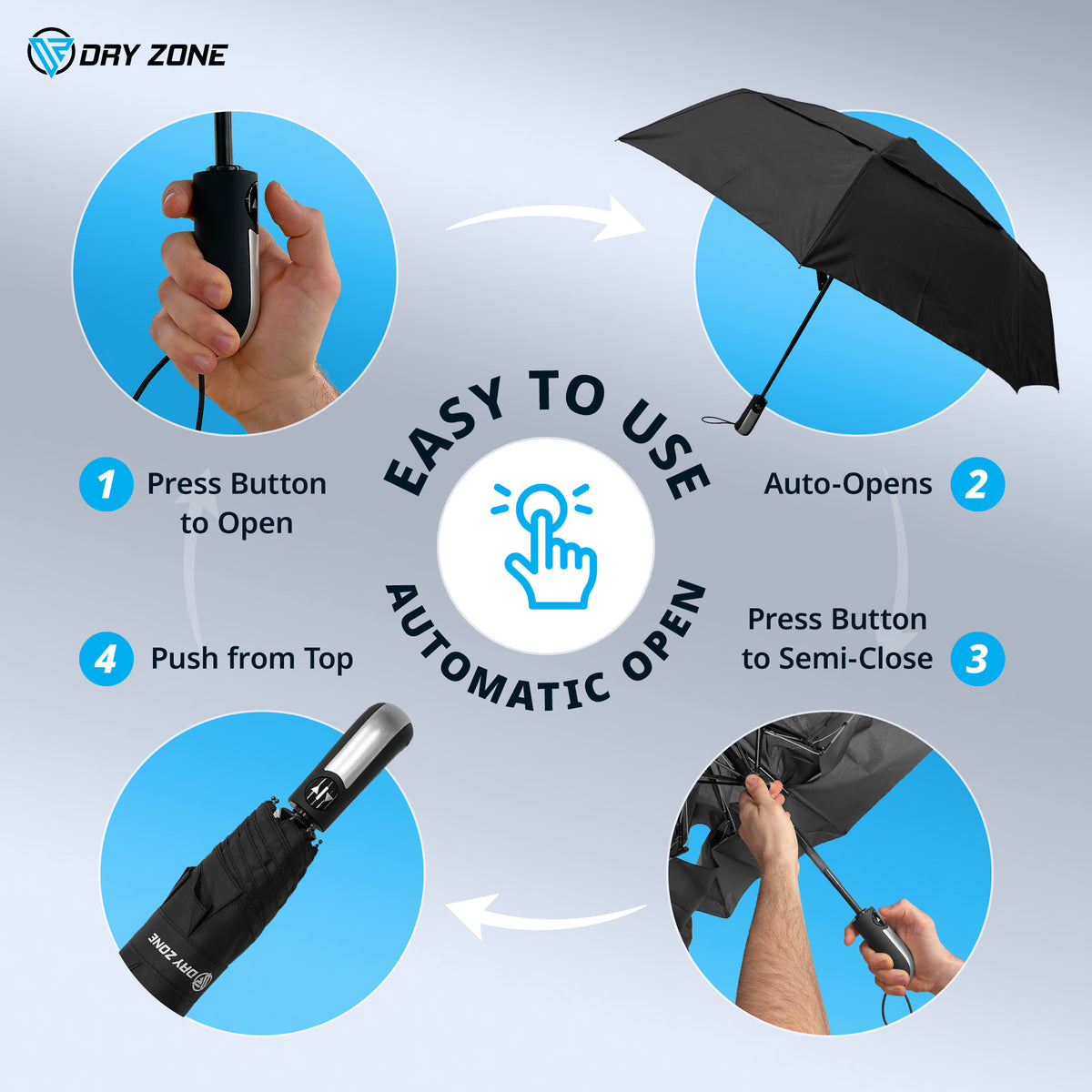 Dry Zone Windproof Three-Fold Small Umbrella - Heavy Duty Strong Umbrella, Fibreglass Frame, Magnetic Strap, Black Handle - Waterproof All Weather Protection