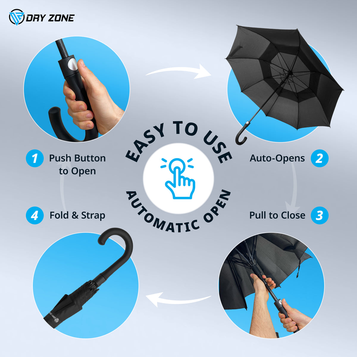 Dry Zone Windproof Golf Umbrella - Heavy Duty Large Umbrella, Fibreglass Frame, Double Vented Canopy, Magnetic Strap, Rubberised Handle - Waterproof All Weather Protection