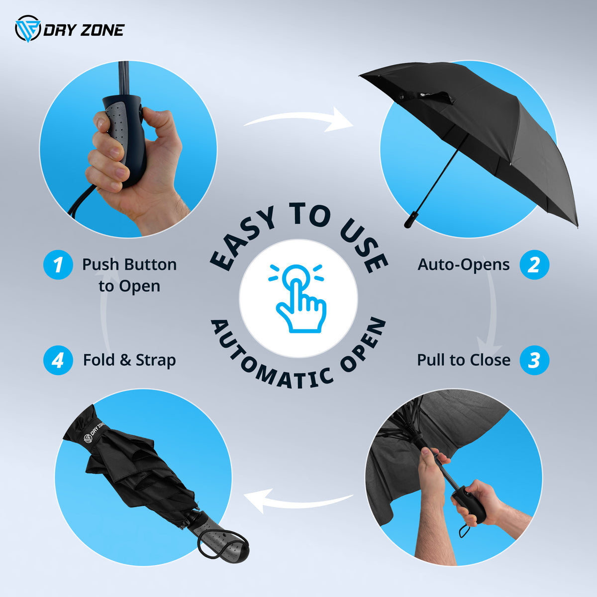 Dry Zone Windproof Two-Fold Small Umbrella - Heavy Duty Strong Umbrella, Fibreglass Frame, 25", Magnetic Strap, Black Handle - Waterproof All Weather Protection